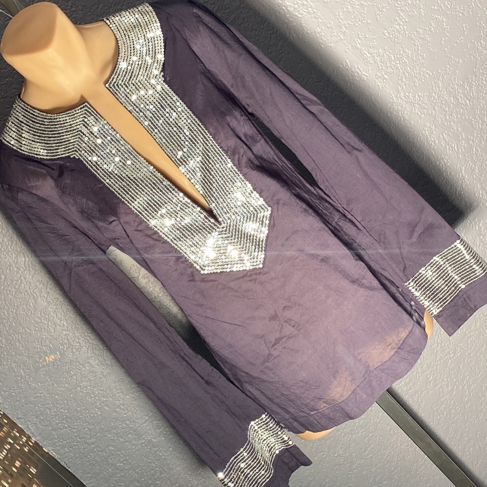 Tory Burch Navy Tunic with Silver Sequin Trim